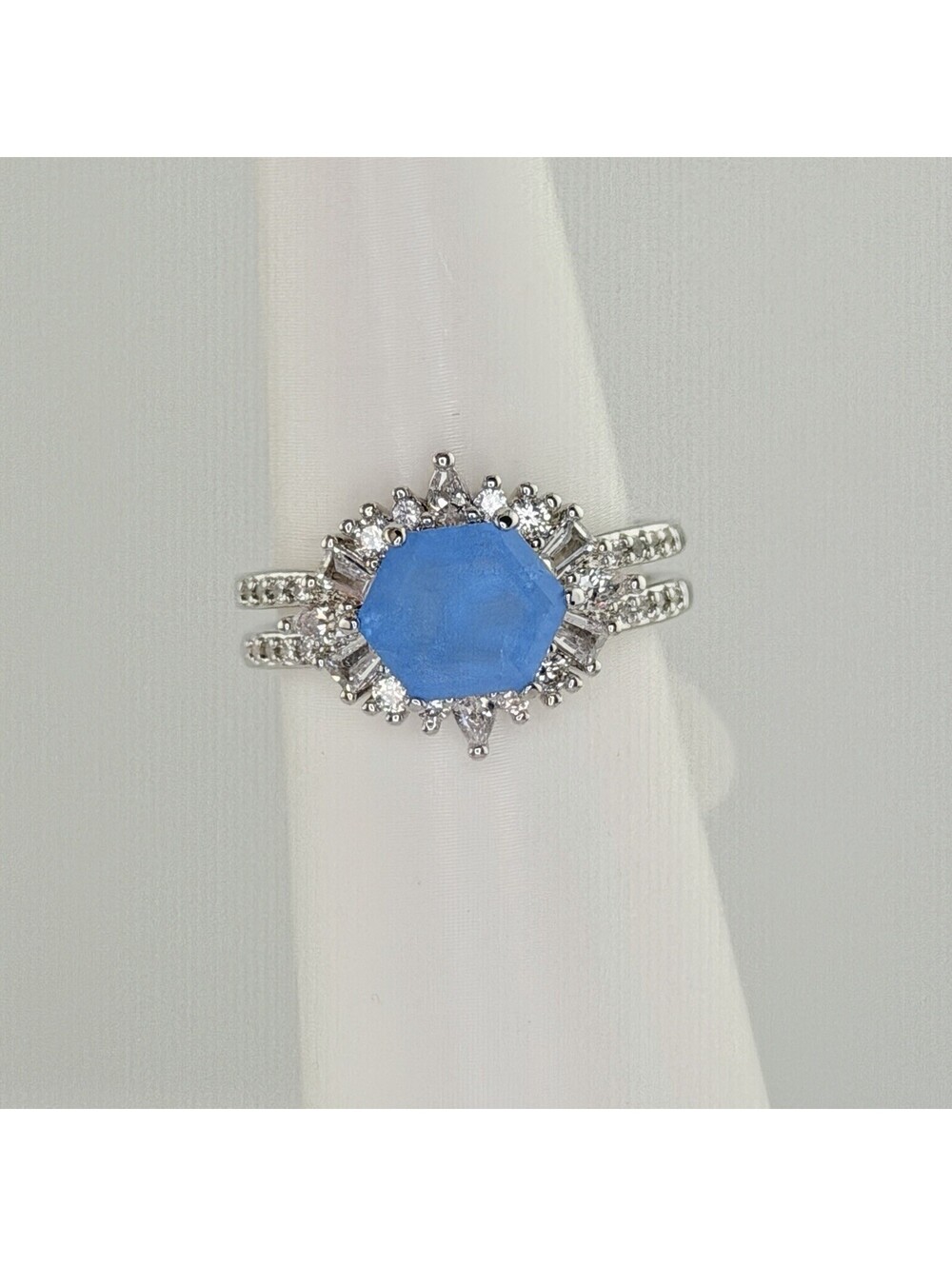 Bomb Party Sz 9 "The Deidra Ring" Ocean Blue Quartz on Rhodium RBP8363